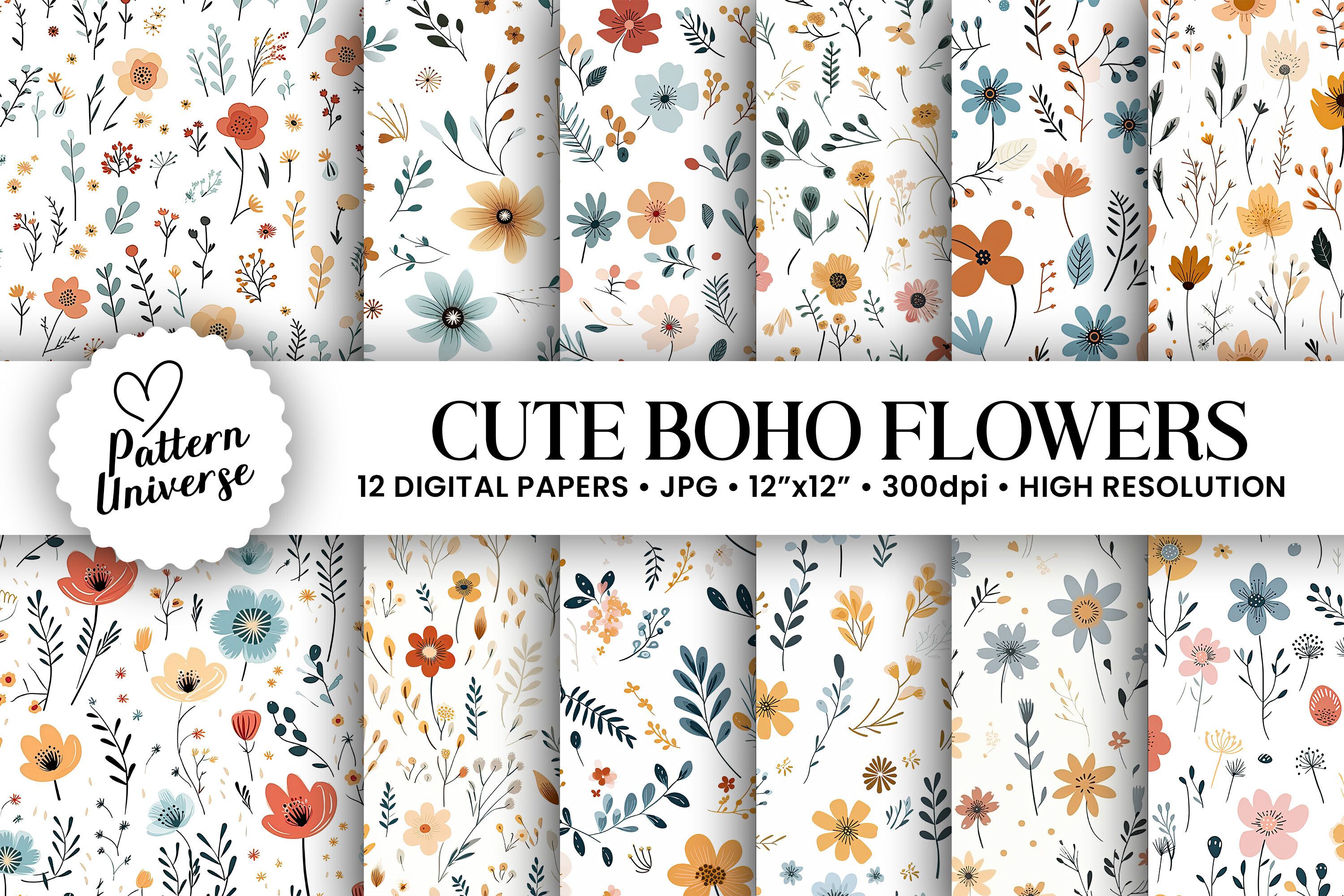 Minimal Boho Flowers Seamless Patterns