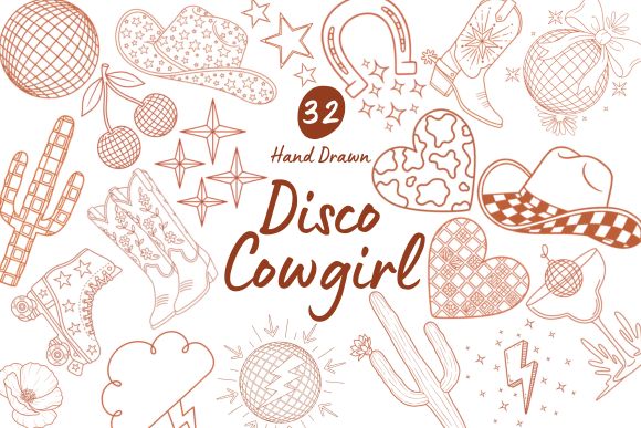 32 Disco Cowgirl Hand Drawn Graphics