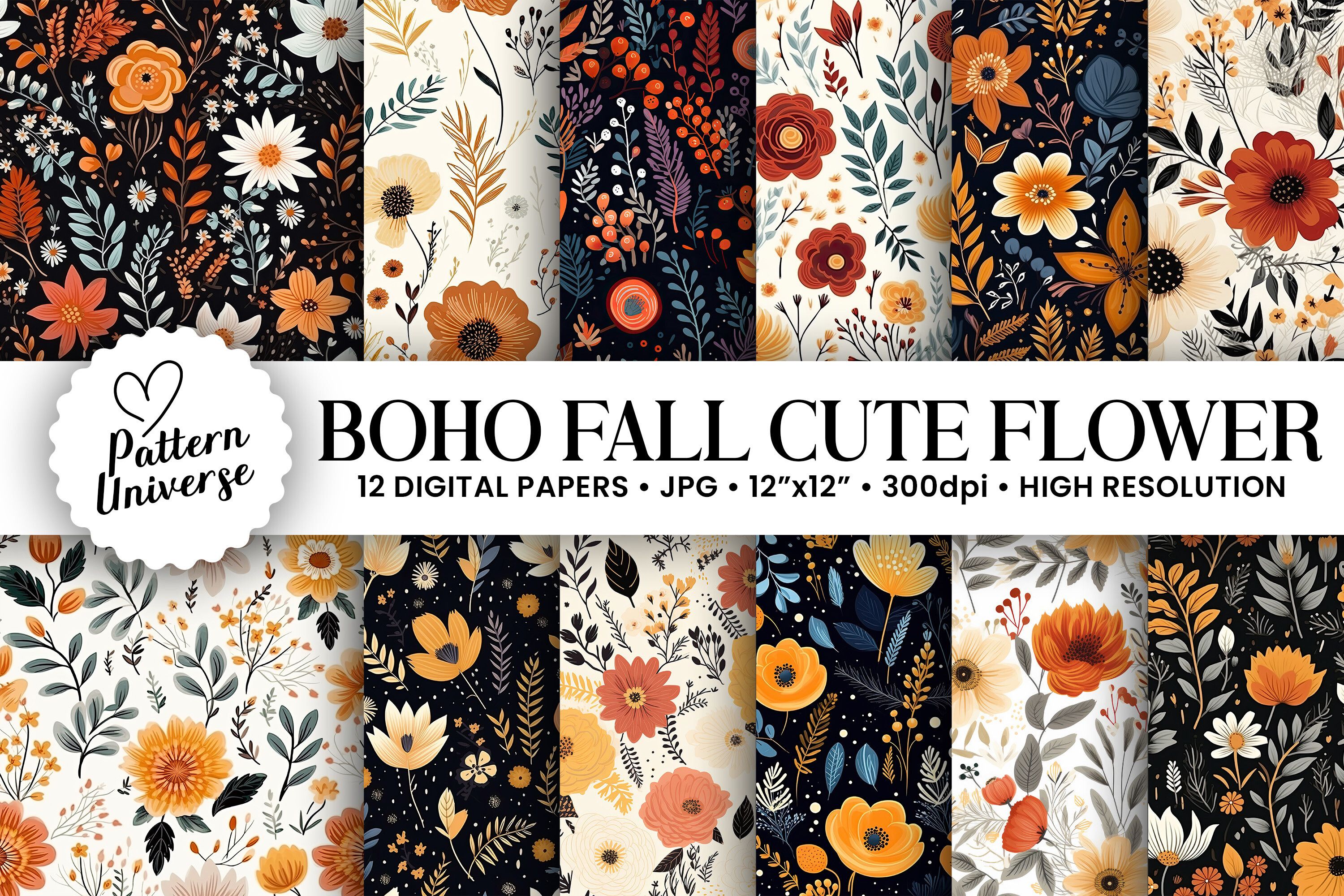 Boho Fall Cute Flowers Seamless Patterns